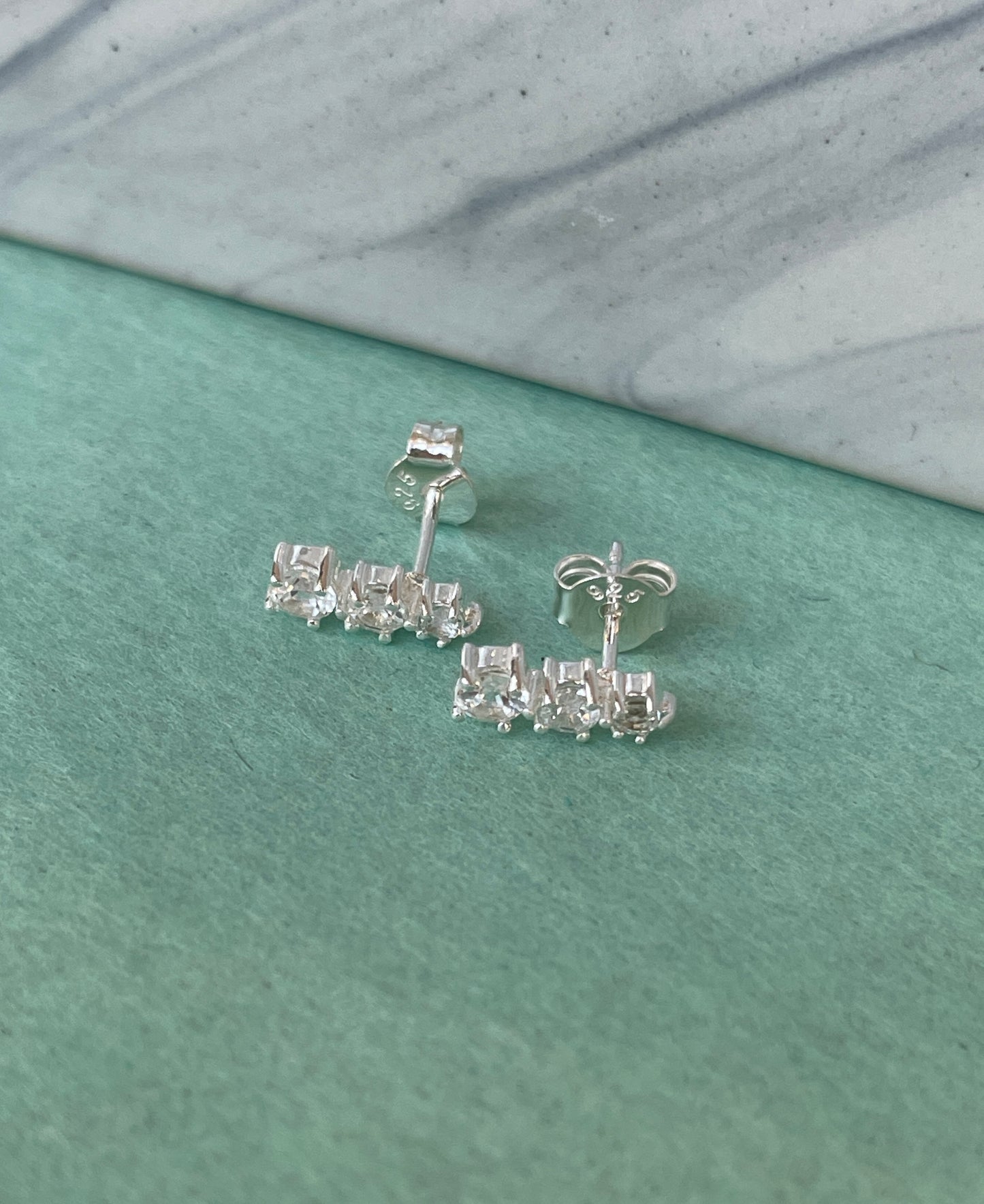3 Stacked Stone Stud CZ Sterling Silver Earrings