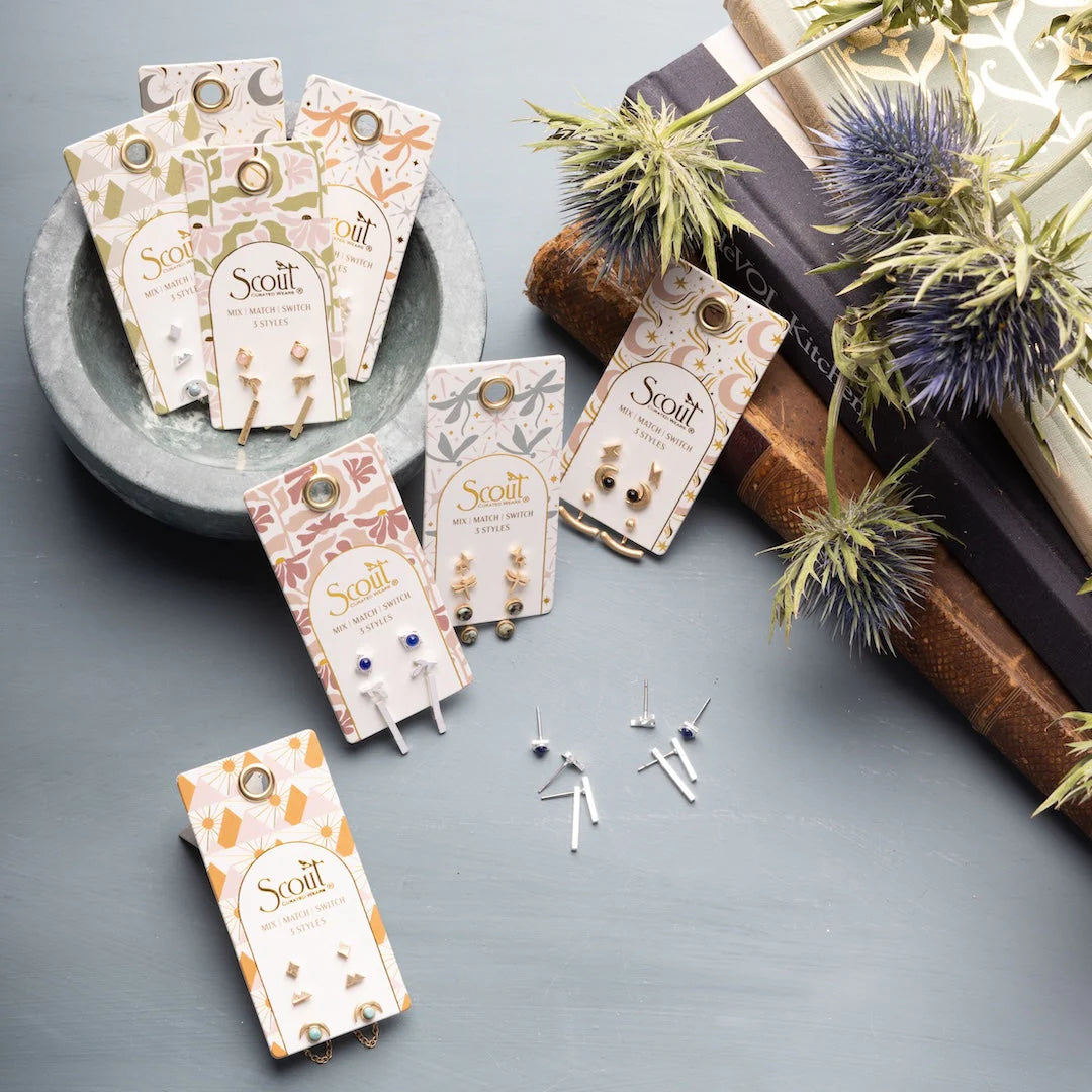 Stud Trio Ear Jacket Set Leaf Rose Quartz Gold