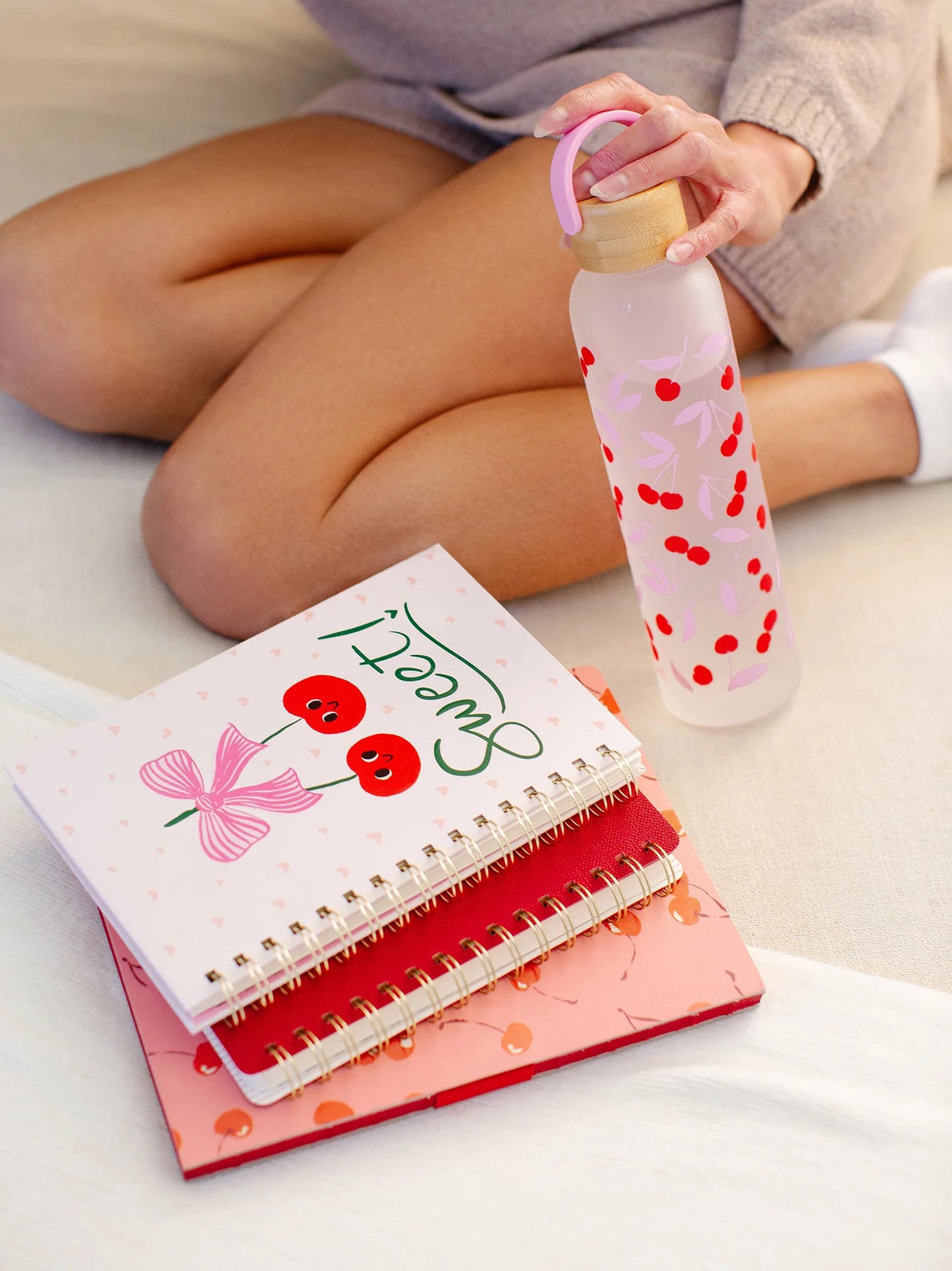 Cherry Sweet Glass Water Bottle with Bamboo Lid