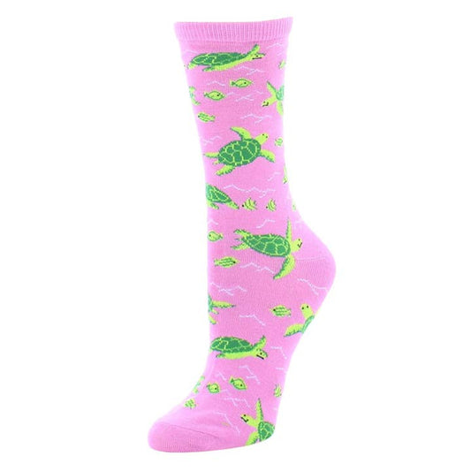 Women's Bamboo Crew Socks Fuchsia Pink Turtles