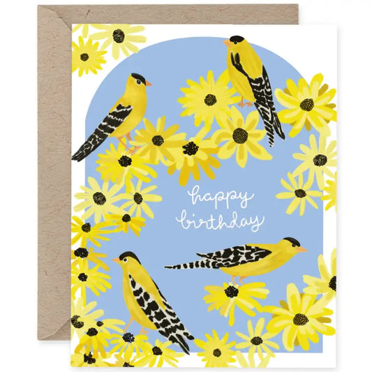 Finch Birds and Yellow Flowers Happy Birthday Card