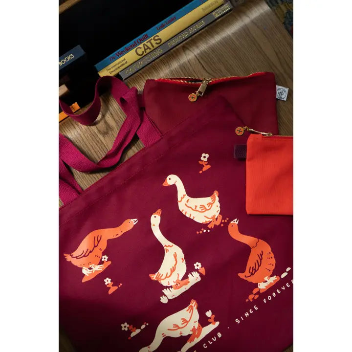 Goose Morning Flat Tote | Red & Maroon Canvas Tote Bag