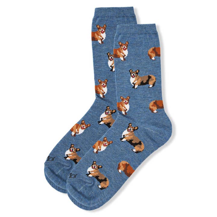 Women's Bamboo Crew Socks Med Denim Heather Corgis