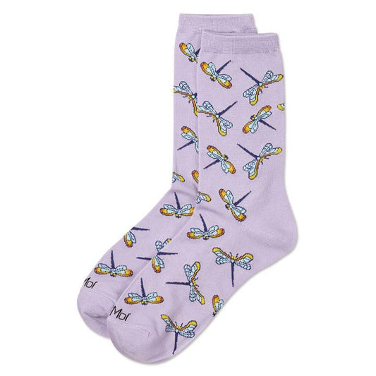 Women's Bamboo Crew Socks Lavender Drangonflies