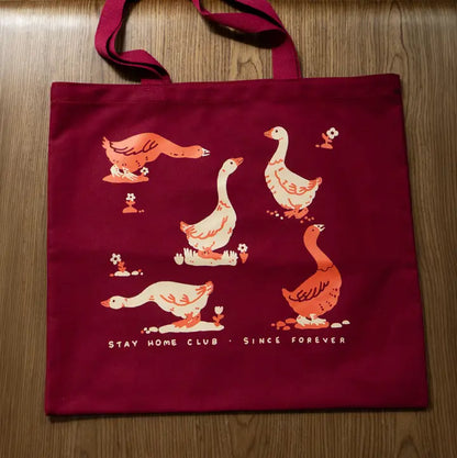 Goose Morning Flat Tote | Red & Maroon Canvas Tote Bag