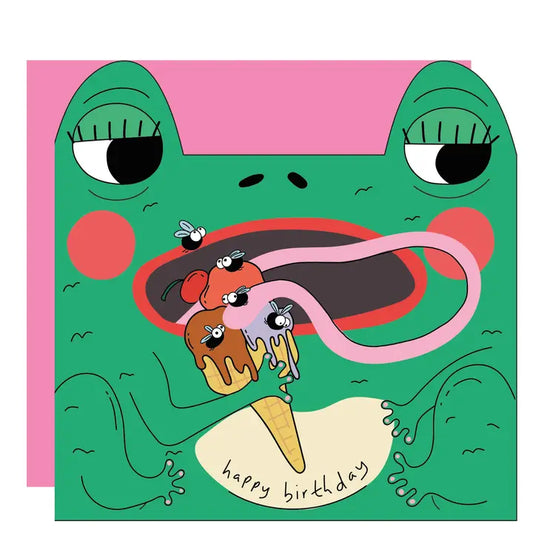 Frog Eats Fly Ice Cream Die Cut Greeting Card - Whimsical Card