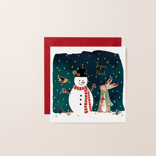 Joyeux Noel Snowman And Bunny Card