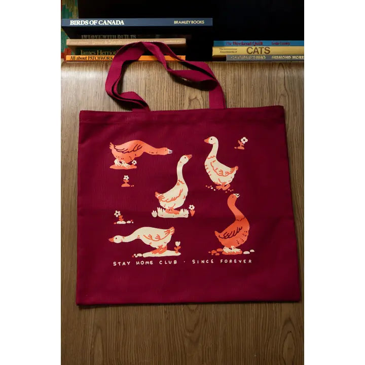 Goose Morning Flat Tote | Red & Maroon Canvas Tote Bag