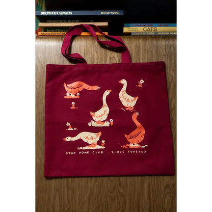 Goose Morning Flat Tote | Red & Maroon Canvas Tote Bag