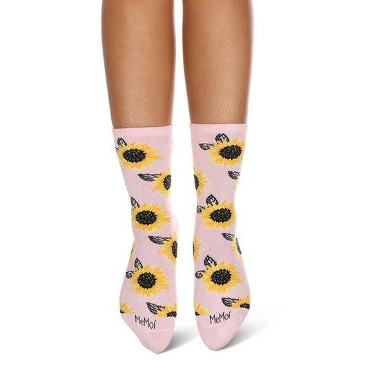 Women's Bamboo Crew Socks Powder Pink Sunflower