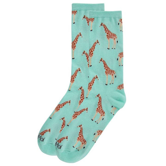 Women's Bamboo Crew Socks Seafoam Giraffes