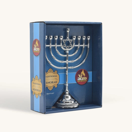 9" Menorah Traditional Silvertone Finish