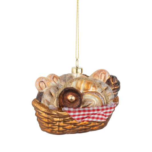 Glass Bread Basket Ornament, With Gingham Cloth