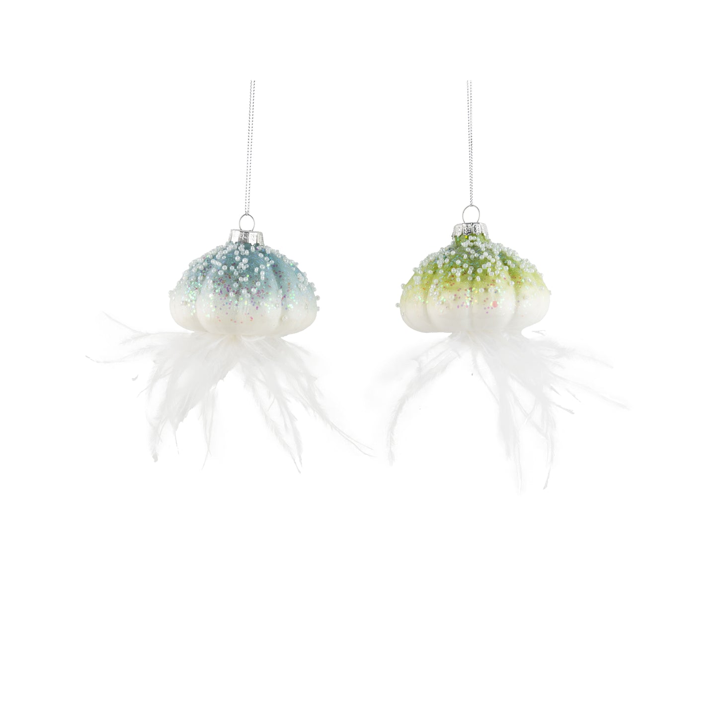 Glass Jelly Fish Ornaments, White With Blue / Green highlights Beads + Feather Trailers