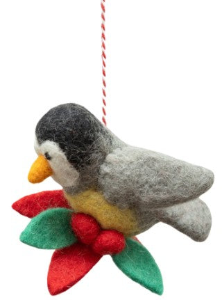 F85 - Felt Bird Ornament Grey With Red Berries And Green Leaves
