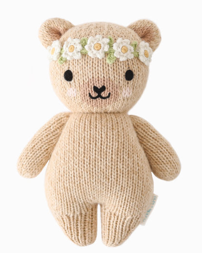 Baby Honey Bear Ivory Floral Hand-Knit Doll