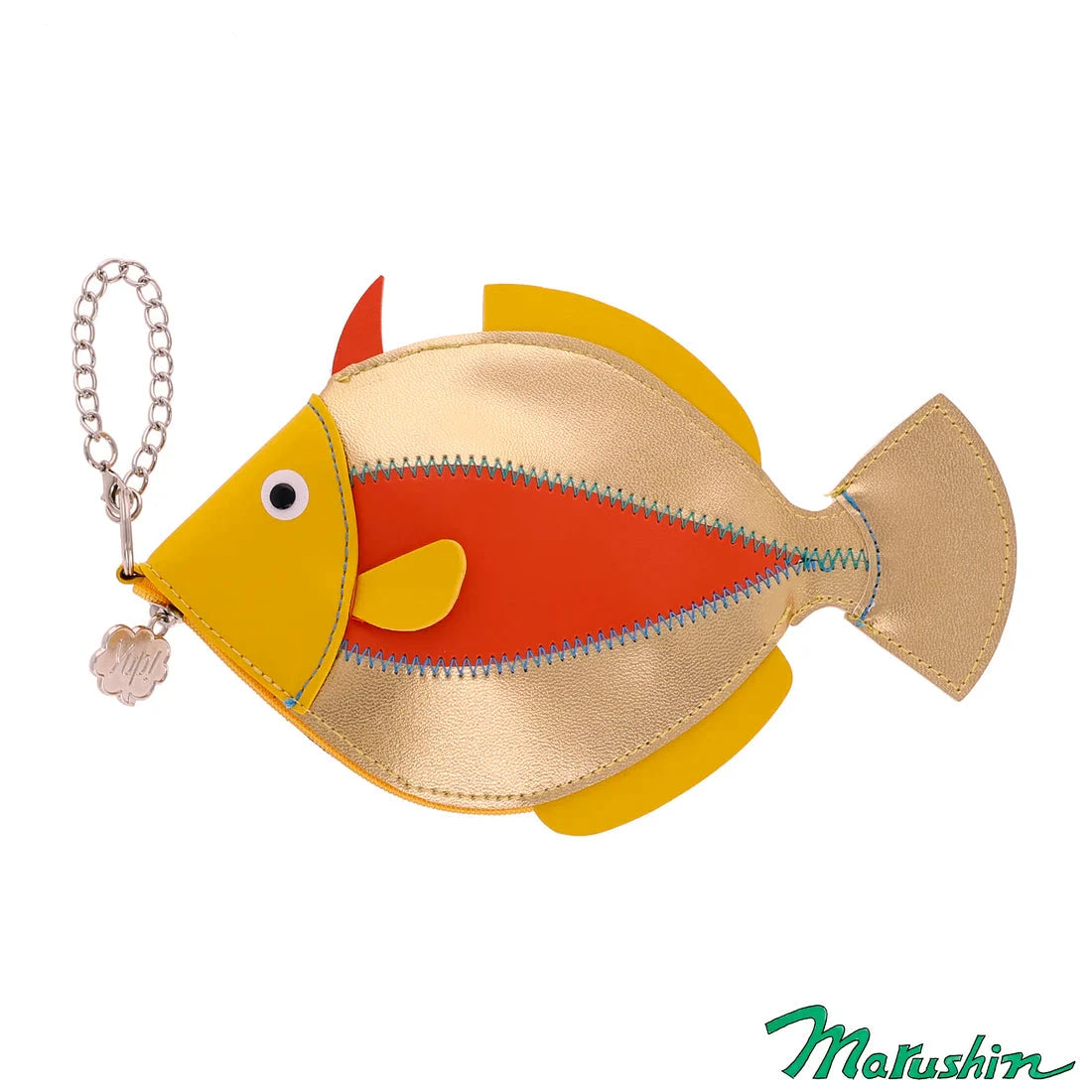 Fish-shaped keychain with red and yellow colors on a white background, featuring the 'Yup!' brand logo.
