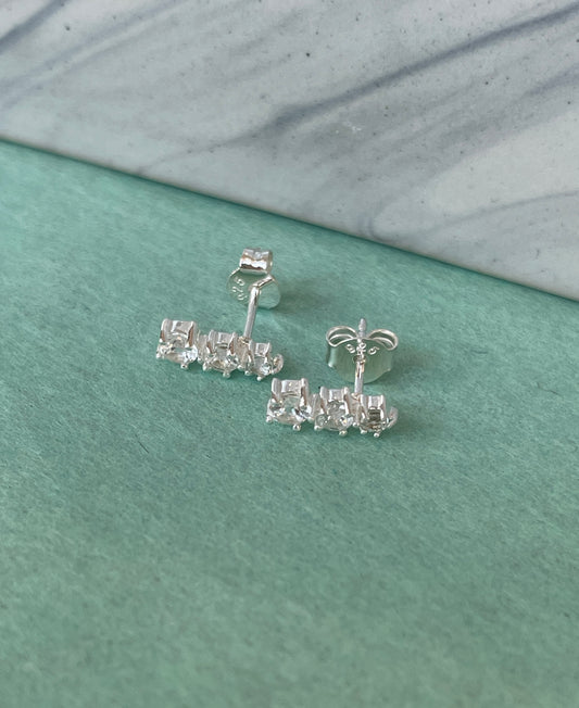 3 Stacked Stone Stud CZ Sterling Silver Earrings