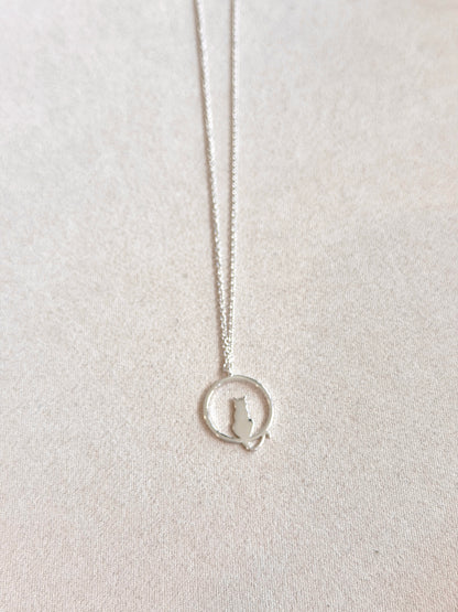 Cat In Circle Sterling Silver Necklace