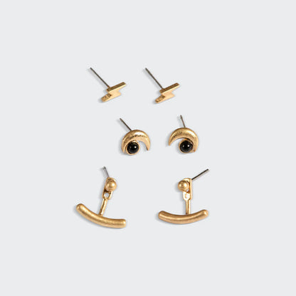 Stud Trio Ear Jacket Set Moon Black Spinel Gold