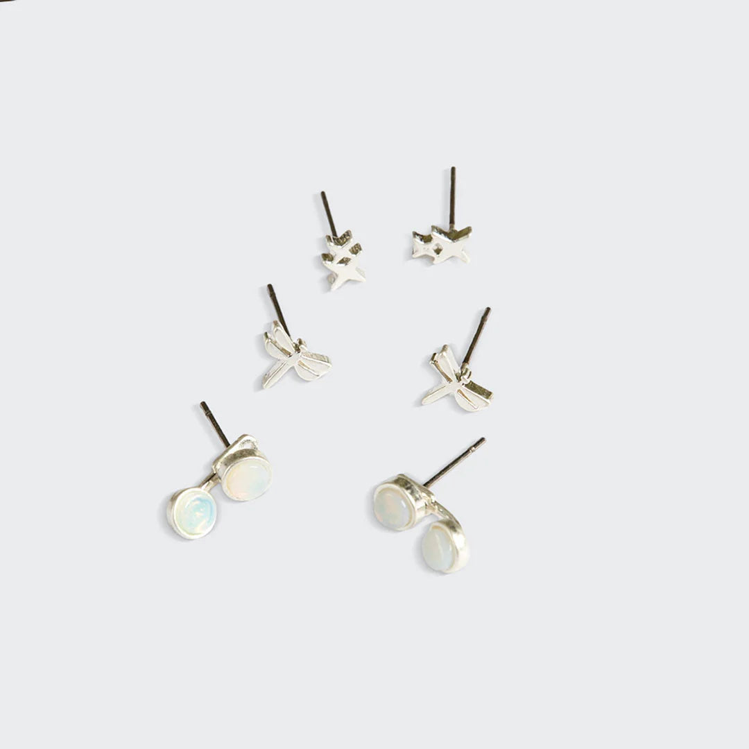 Stud Trio Ear Jacket Set Dragonfly Opalite Silver