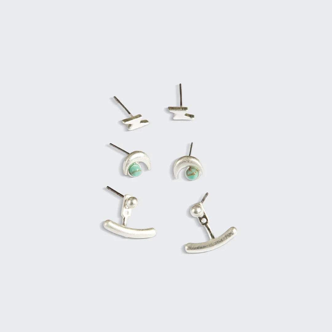 Stud Trio Ear Jacket Set Moon Turquoise Silver