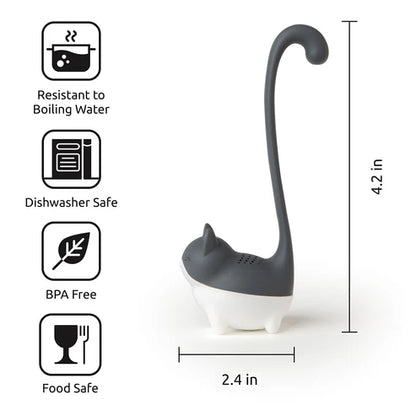 Cat-shaped tea infuser with features and dimensions on a white background