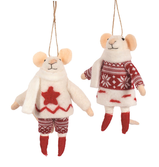 Felt Mice Couple in Nordic Knit Outfits Christmas Ornament