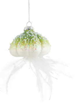 Glass Jelly Fish Ornaments, White With Blue / Green highlights Beads + Feather Trailers