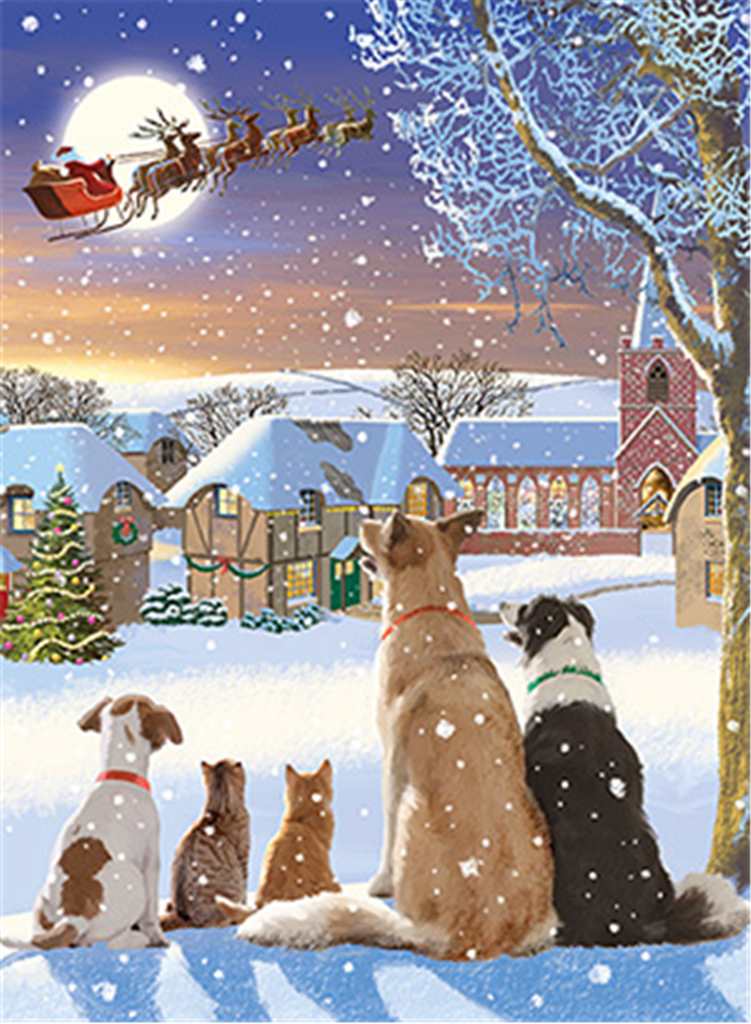 Dogs & Cats Watching Santa Christmas Pack Note Cards