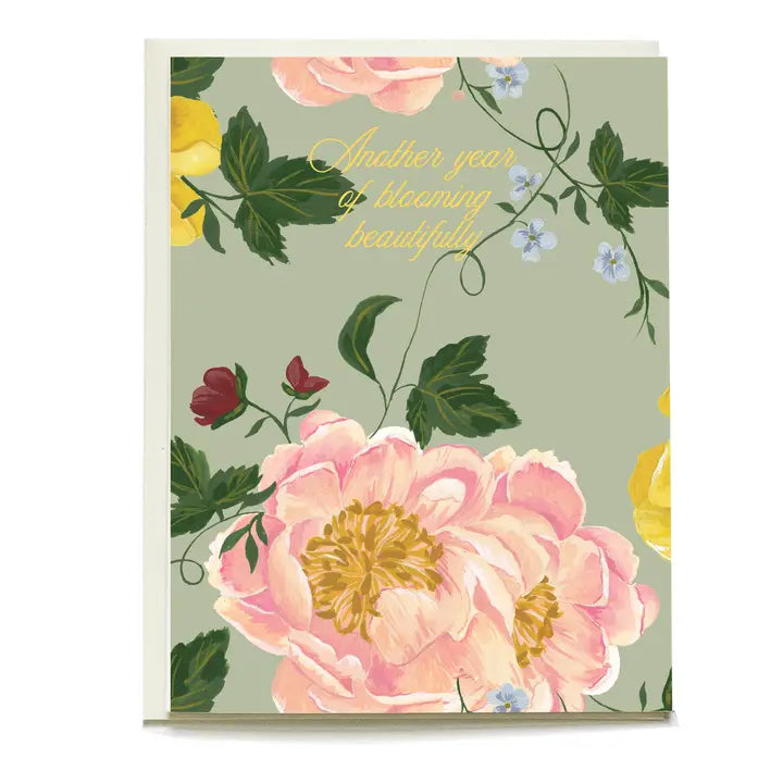 Sage Peony Garden Rose Birthday Greeting Card