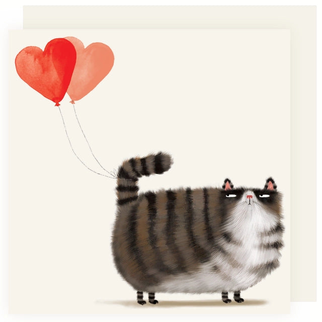 Grumpy Cat With Love Heart Balloons Greeting Card